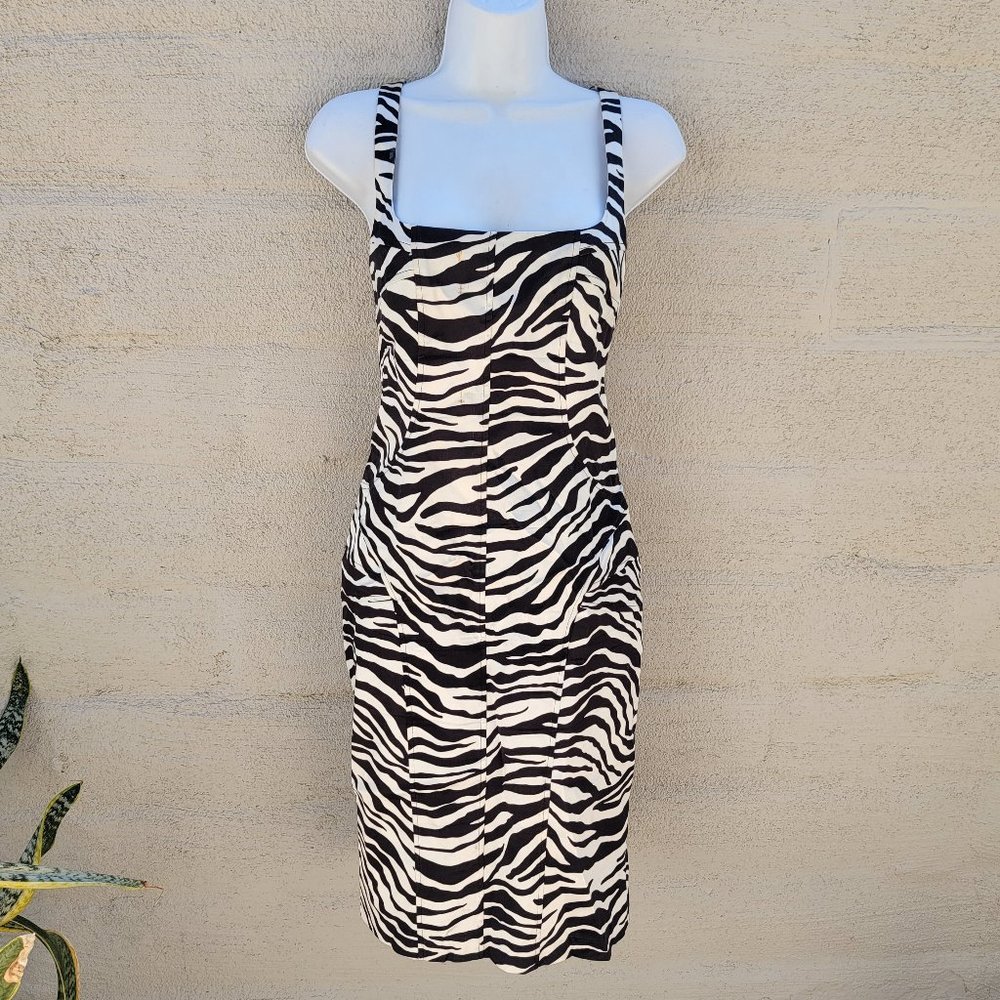 David Meister 10 Zebra Print Sleeveless Pencil Wiggle Dress Pinup Retro Costume